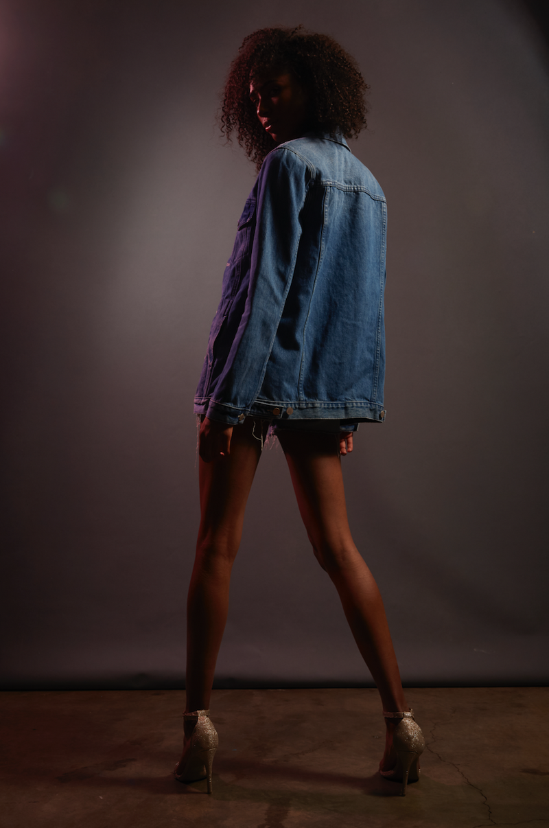 Back view of the Phoenix jacket in Indigo wash from disco photoshoot