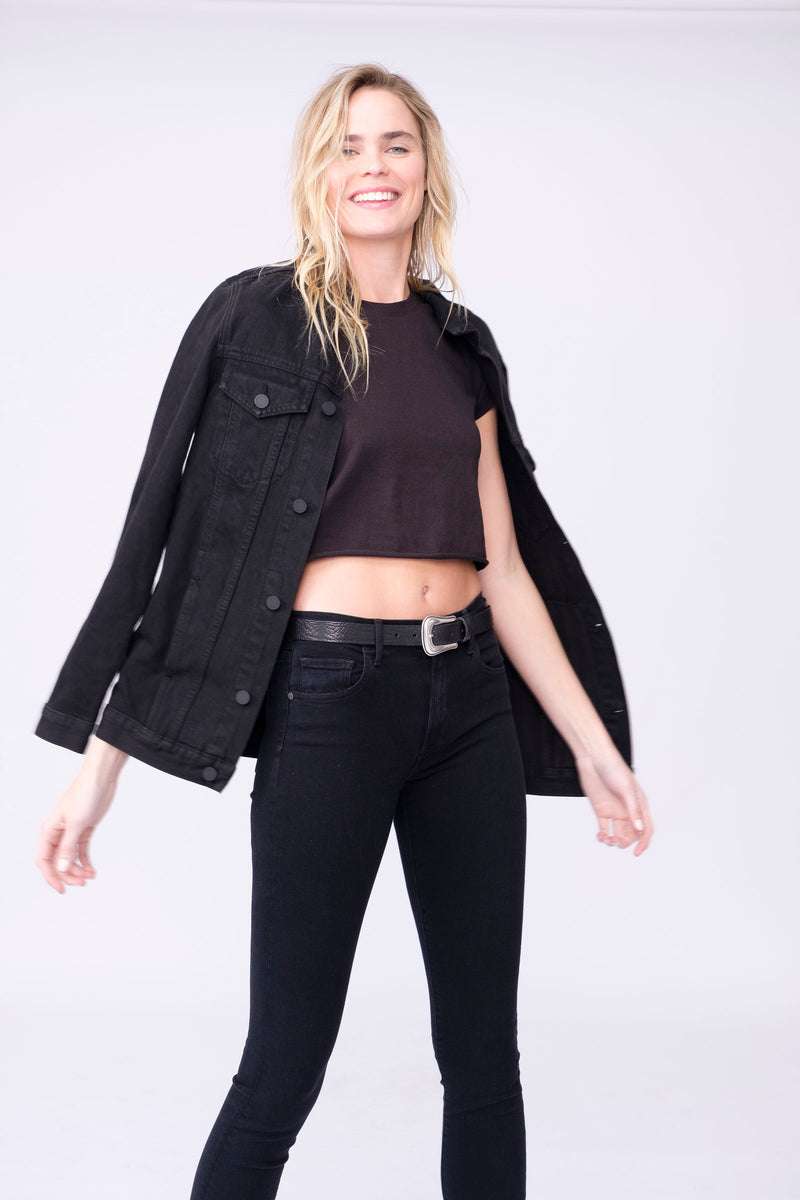 Front View of Midheaven's Long Line Denim Jacket in Black Details: Fabric Contents 100% Cotton
