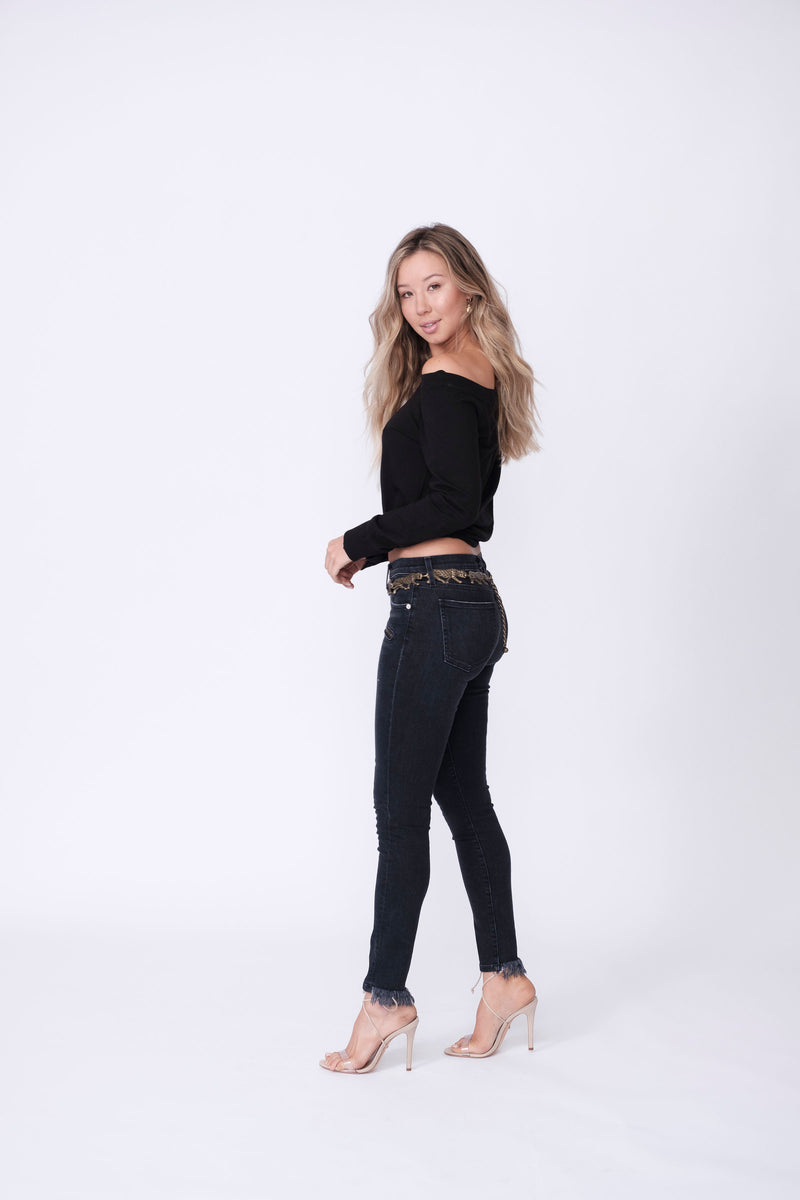 Side View of Midheaven's Antique Black Skinny w/ Moto Zippers Details: Second Model is 5'7" and is wearing 4" heels Rise: 8 1/2" Inseam: 30” or 34" (Choose Your Inseam Below) Leg opening: 10.5” Fabric Contents:  98% Cotton - 2% Elastane
