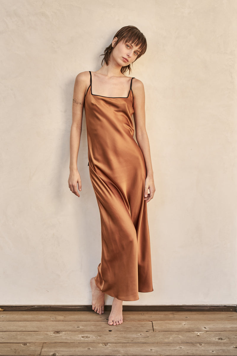 The Joni Silk Dress in Autumn Gold