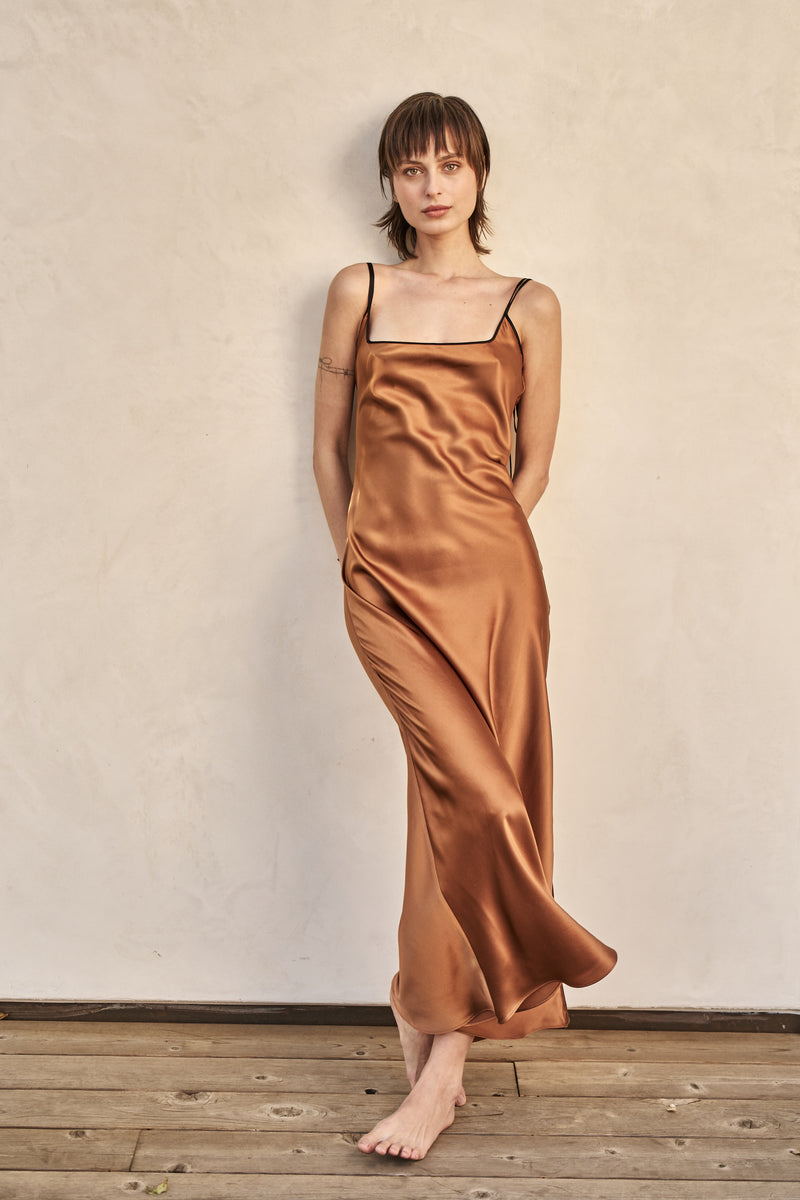 The Joni Silk Dress in Autumn Gold