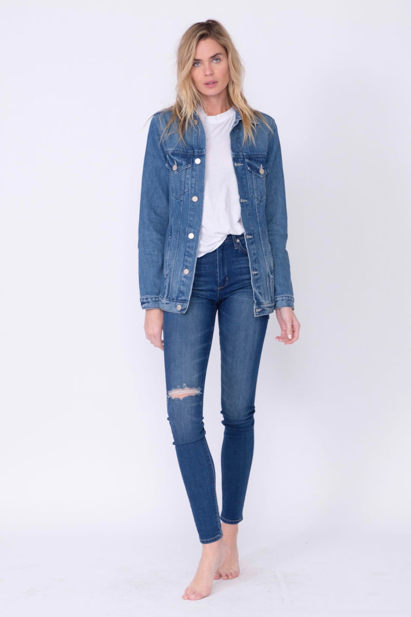 Front View of Midheaven's Long Line Denim Jacket in Indigo  Details: Fabric Contents 100% Cotton