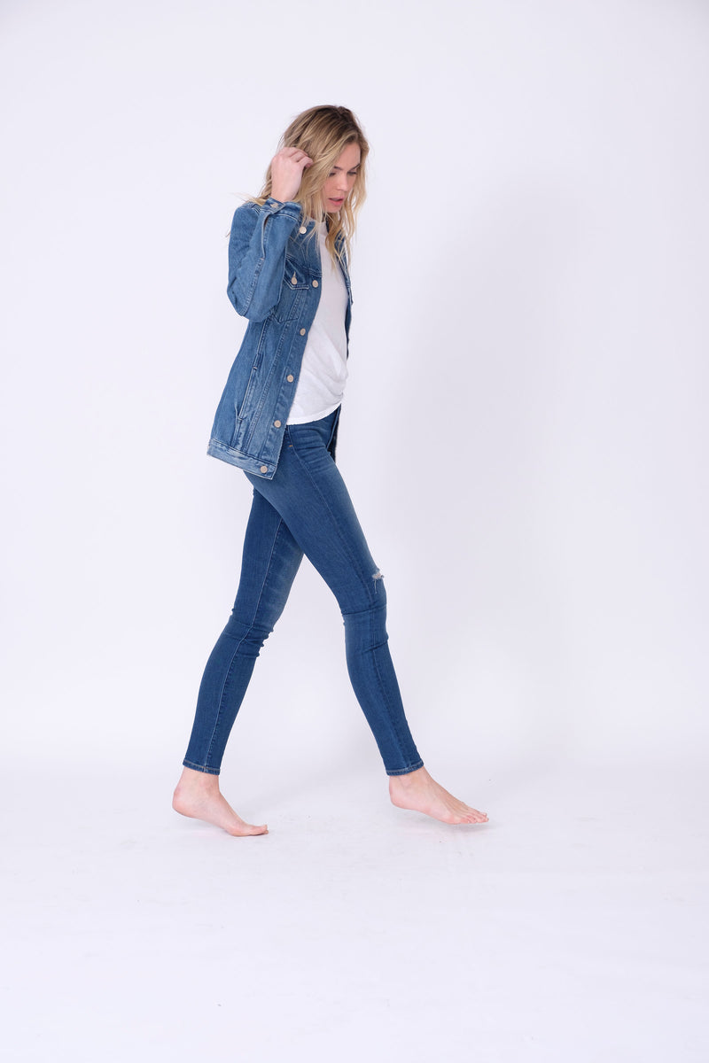 Side View of Midheaven's Long Line Denim Jacket in Indigo  Details: Fabric Contents 100% Cotton