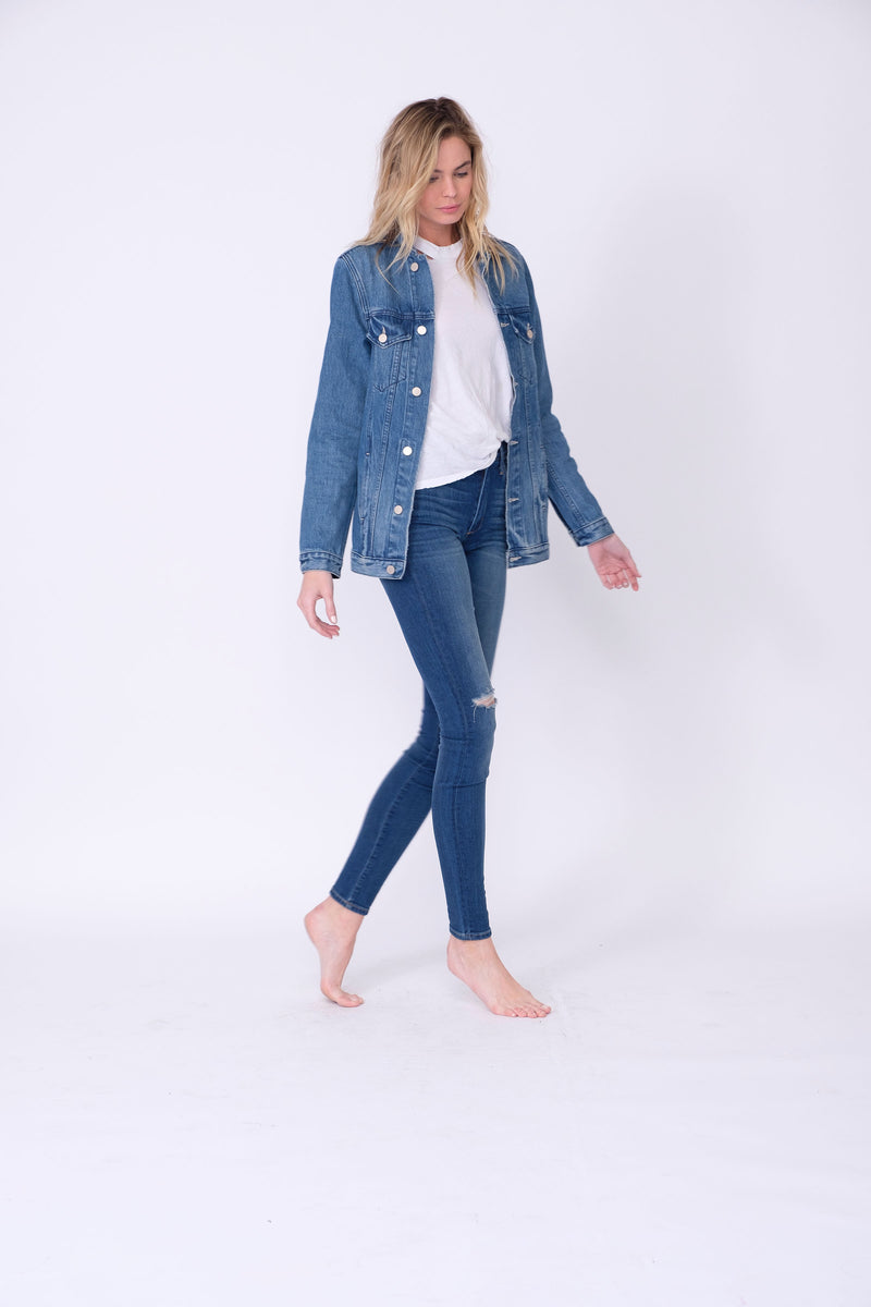Front View of Midheaven's Long Line Denim Jacket in indigo  Details: Fabric Contents 100% Cotton