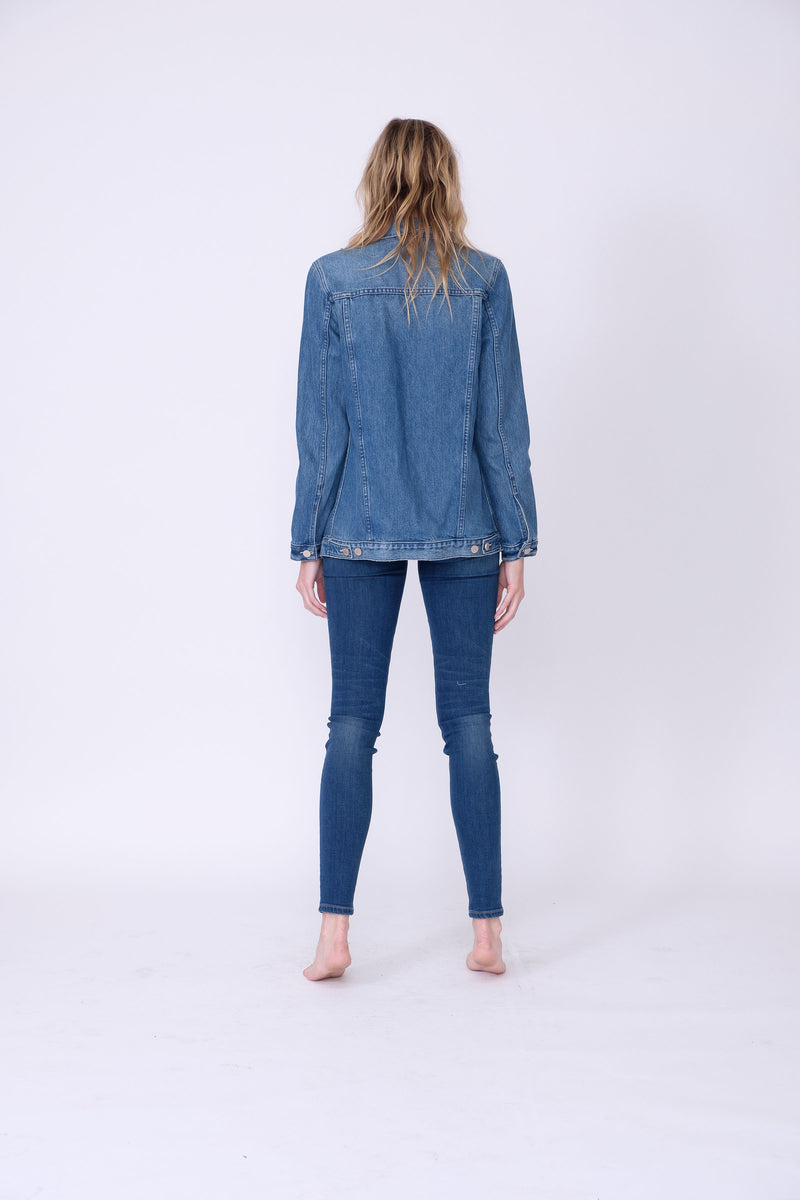 Back View of Midheaven's Long Line Denim Jacket in Indigo  Details: Fabric Contents 100% Cotton