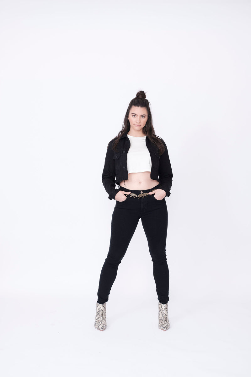 Front View of Midheaven's Cropped Denim Jacket in Black  Details: Fabric contents 100% Cotton