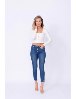 Front View of Lani: Exposed button fly skinny jean with raw hem