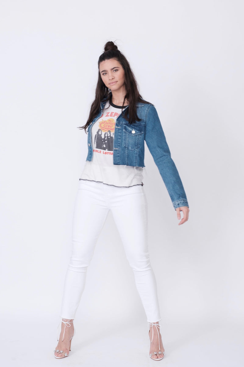 Front View of Midheaven's Cropped Denim Jacket in Indigo Details: Fabric contents 100% Cotton