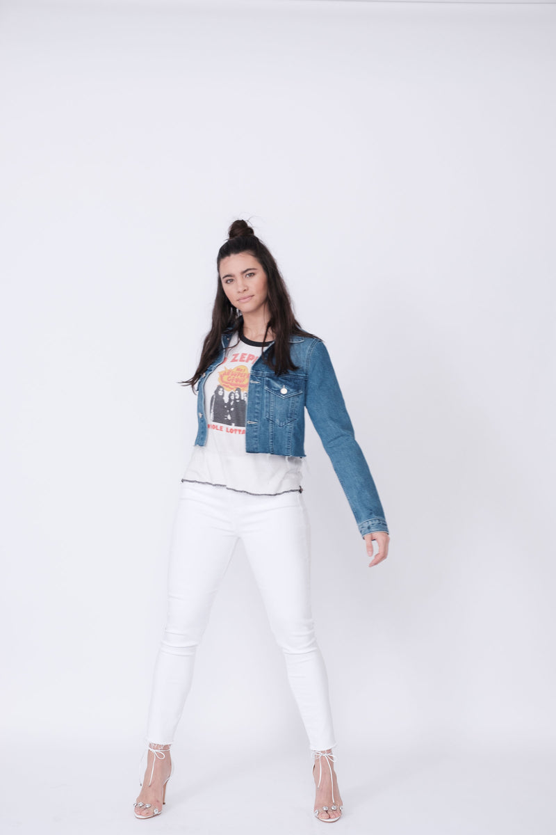 Front View of Midheaven's Cropped Denim Jacket in Indigo Details: Fabric contents 100% Cotton