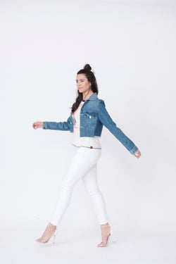 Side View of Midheaven's Cropped Denim Jacket  in Indigo Details: Fabric contents 100% Cotton