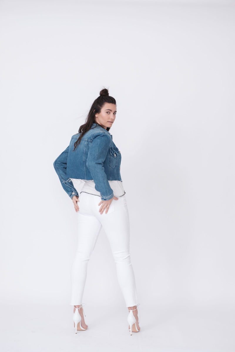 Back View of Midheaven's Cropped Denim Jacket in Indigo Details: Fabric contents 100% Cotton