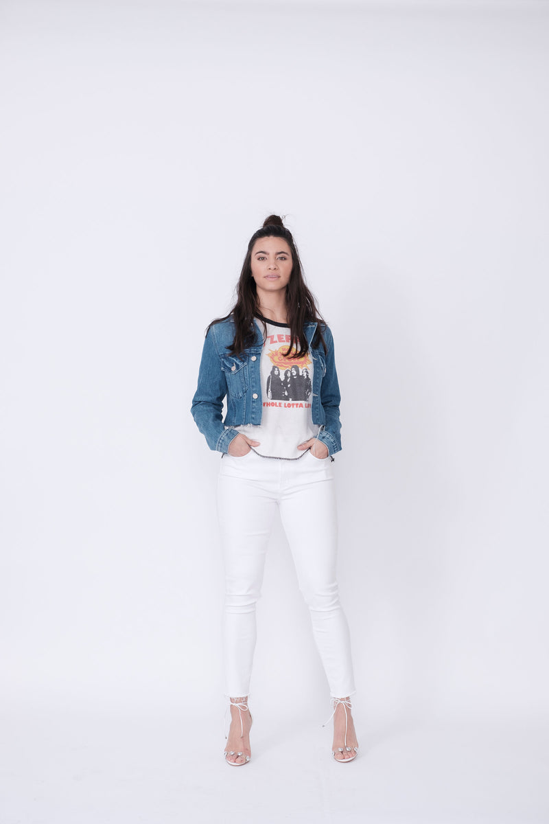 Front View of Midheaven's Cropped Denim Jacket in Indigo Details: Fabric contents 100% Cotton