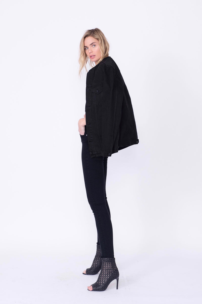 Side View of Midheaven's Long Line Denim Jacket in Black  Details: Fabric Contents 100% Cotton
