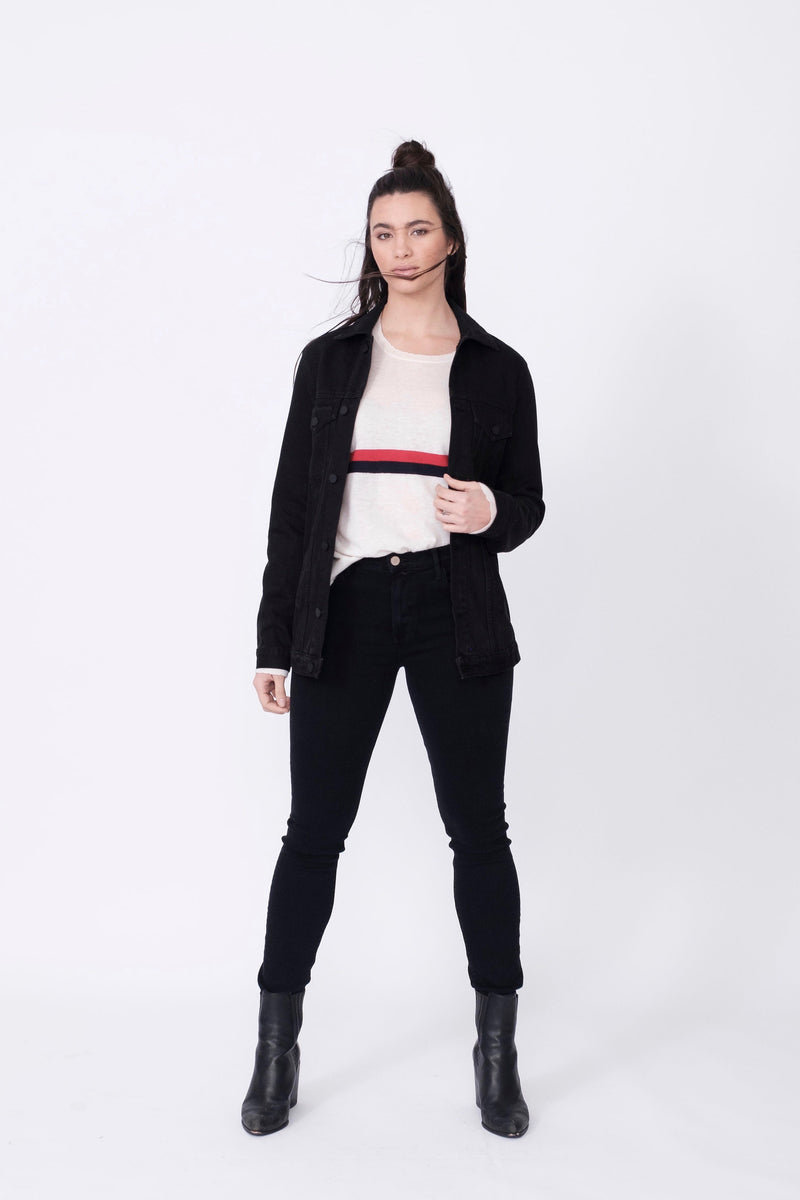 Front View of Midheaven's Long Line Denim Jacket in Black  Details: Fabric Contents 100% Cotton