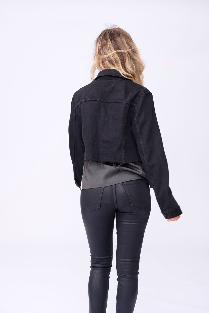 Back View of Midheaven's Cropped Denim Jacket in Black Details: Fabric contents 100% Cotton