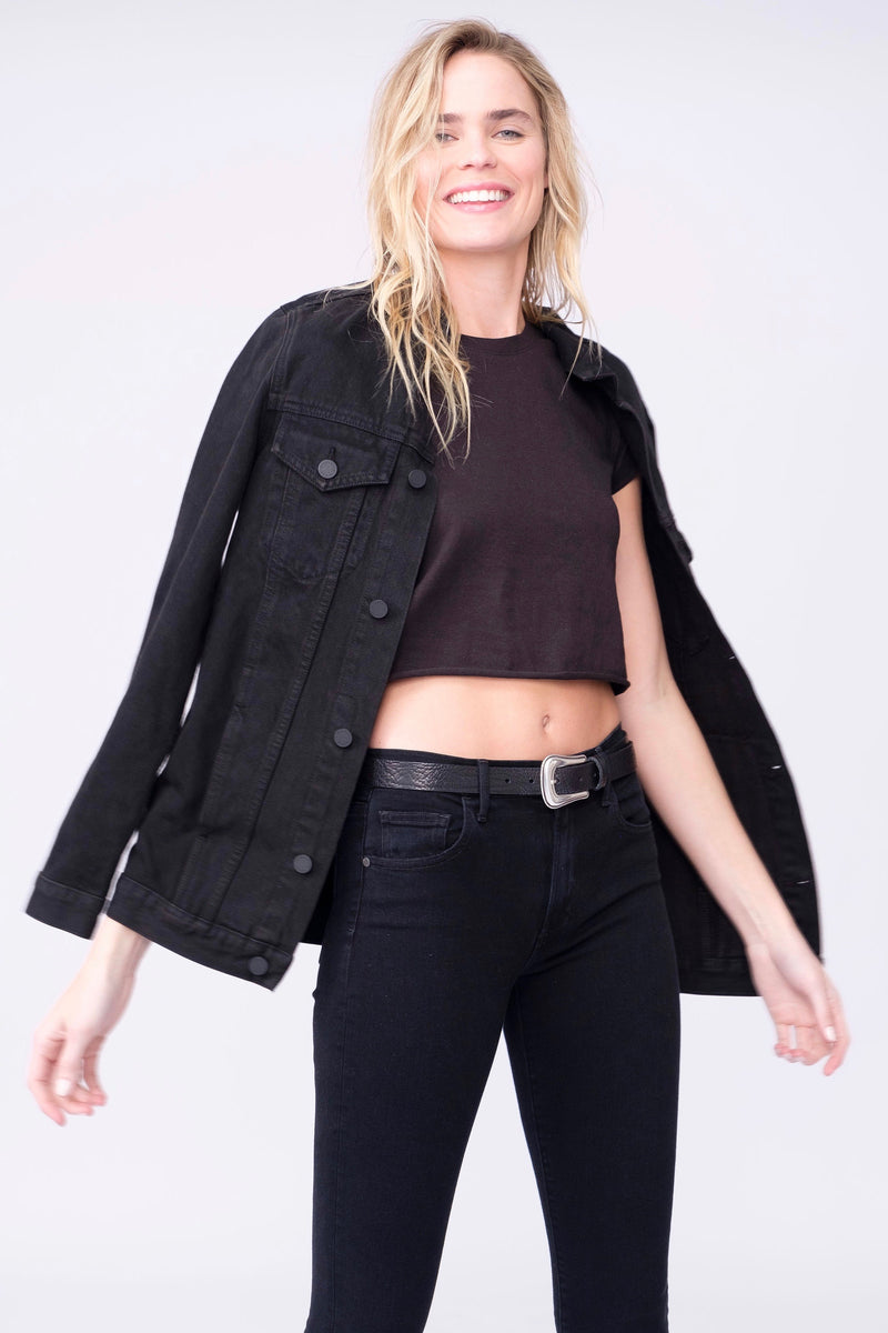 Front View of Midheaven's Long Line Denim Jacket in Black  Details: Fabric Contents 100% Cotton