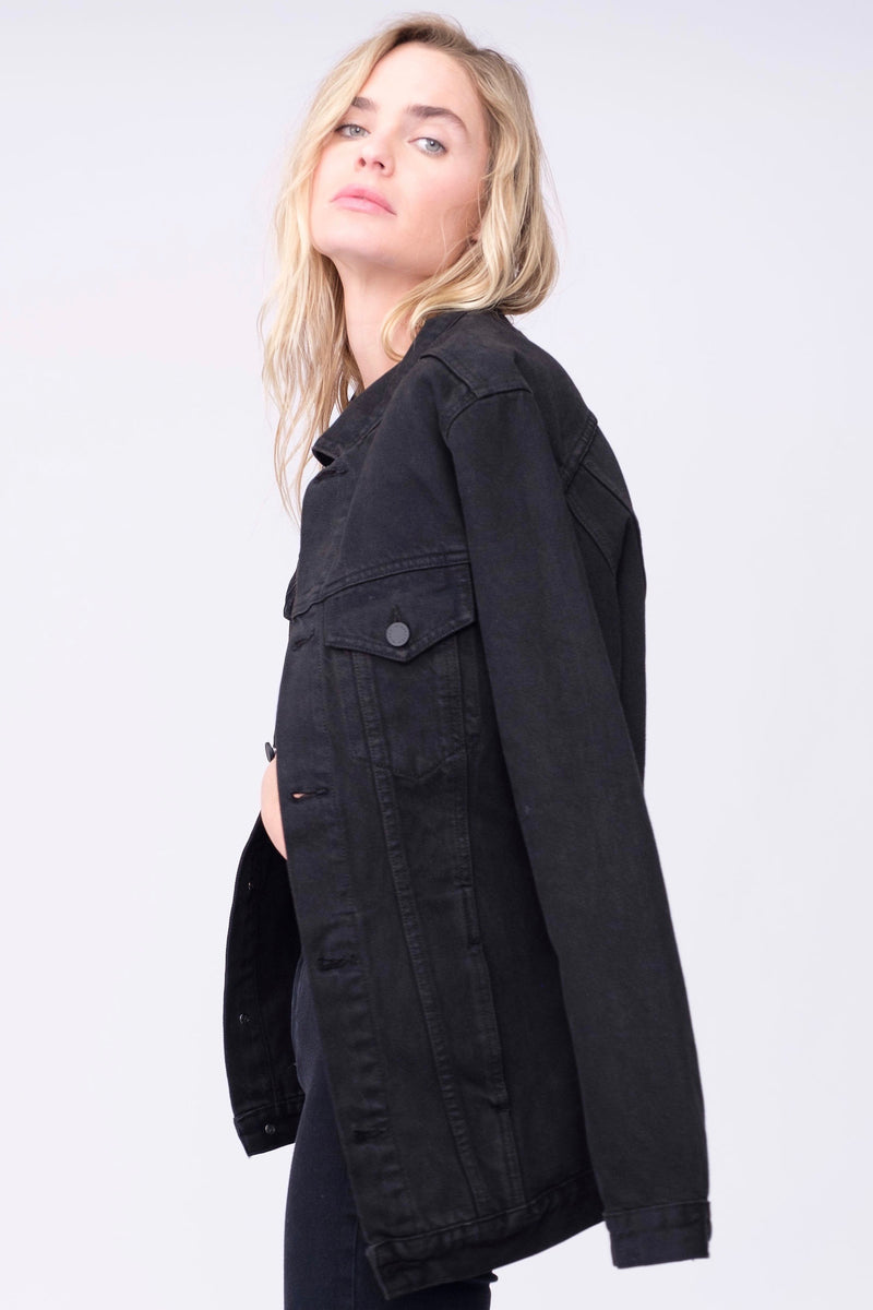 Side View of Midheaven's Long Line Denim Jacket in Black  Details: Fabric Contents 100% Cotton