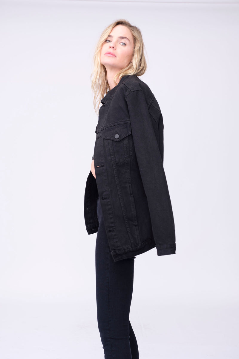 Side View of Midheaven's Long Line Denim Jacket in Black  Details: Fabric Contents 100% Cotton