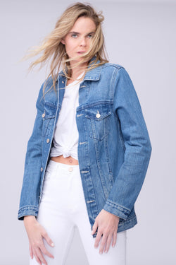 Front View of Midheaven's Long Line Denim Jacket in Indigo  Details: Fabric Contents 100% Cotton