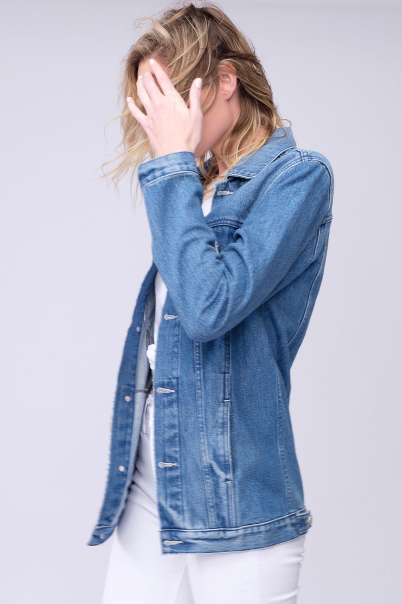 Side View of Midheaven's Long Line Denim Jacket in Indigo  Details: Fabric Contents 100% Cotton