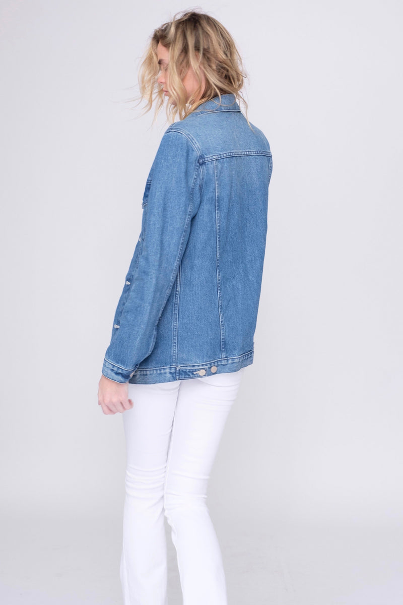 Back View of Midheaven's Long Line Denim Jacket in Indigo  Details: Fabric Contents 100% Cotton