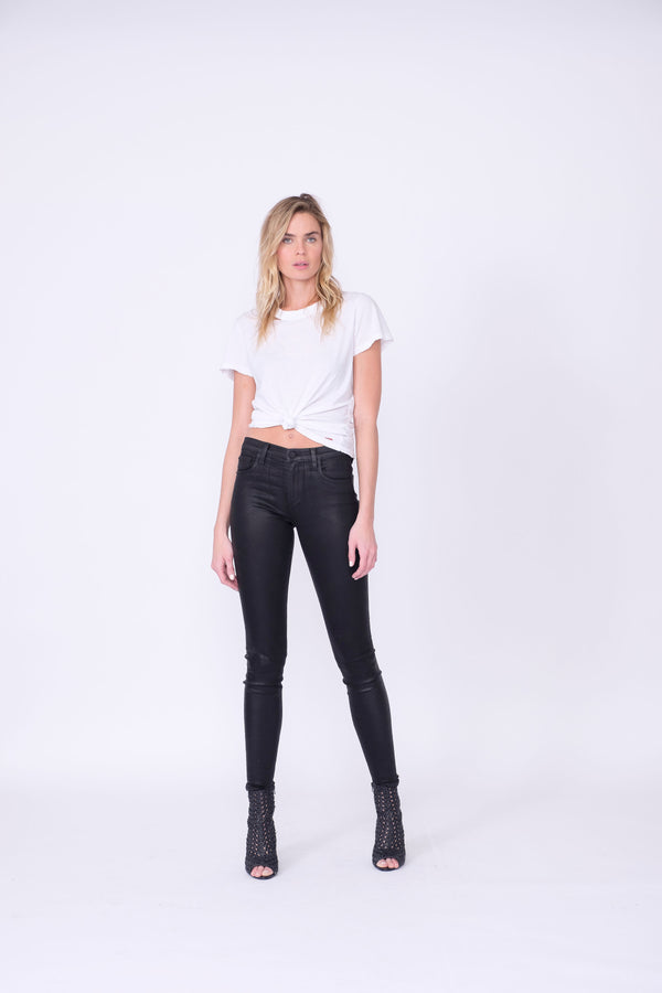 Front View of Midheaven's High-Rise Black Coated Skinny   ITEM RUNS SMALL - CONSIDER SIZING UP ONE SIZE  Details: Model is 6’ and is wearing 3" heels.  Rise: 9.5"  Inseam: 30” or 34" (Please Choose Inseam Below)  Leg opening: 10”  Fabric Contents:  98% Cotton - 2% Elastane