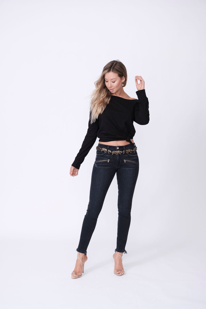 Front View of Midheaven's Antique Black Skinny w/ Moto Zippers Details: Second Model is 5'7" and is wearing 4" heels Rise: 8 1/2" Inseam: 30” or 34" (Choose Your Inseam Below) Leg opening: 10.5” Fabric Contents:  98% Cotton - 2% Elastane